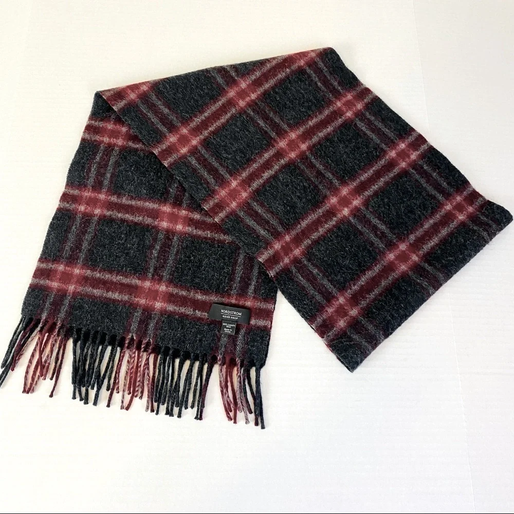 Nordstrom Men’s Shop 100% Lamb’s Wool Plaid Scarf 70“ x 12“